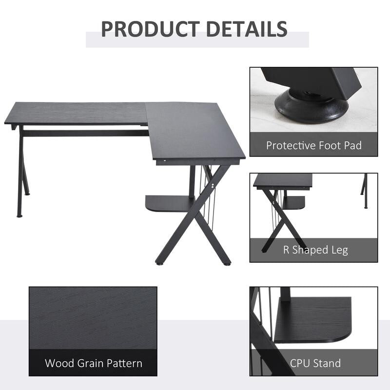 Black L-Shaped Corner Desk with CPU Stand – Gaming & Home Office Workstation