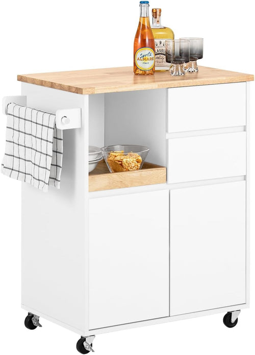 White Rolling Kitchen Island Cart Rubber Wood Top 72cm
