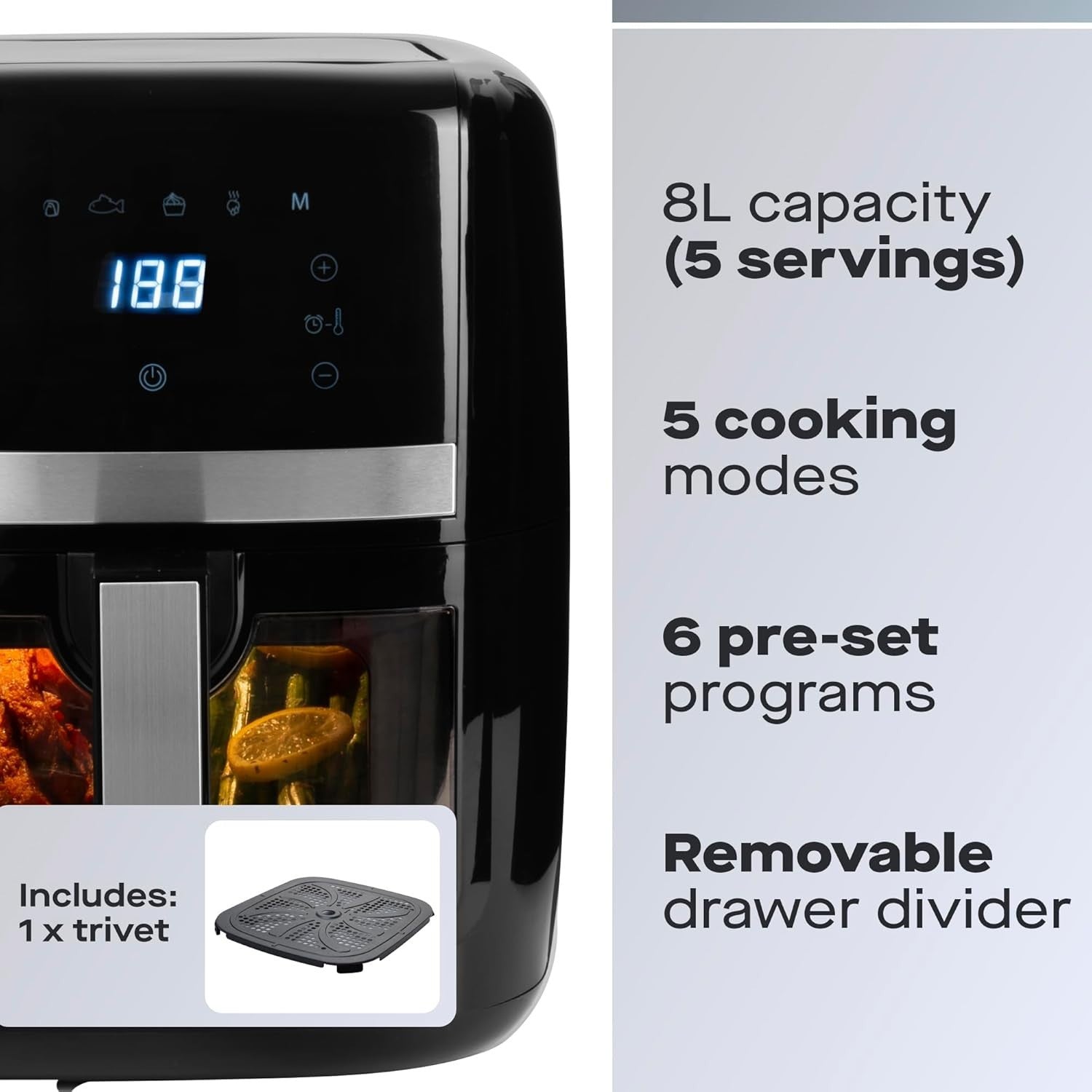 8L Digital Air Fryer Dual Zone Divider Viewing Window 6 Presets LED