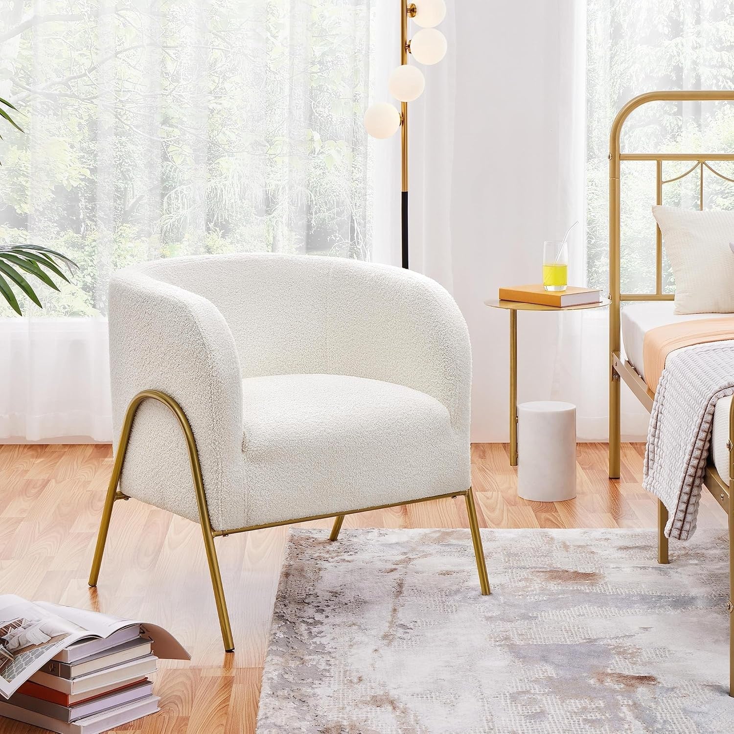 Boucle Tub Chair Ivory Accent Barrel Chair Gold Metal Legs