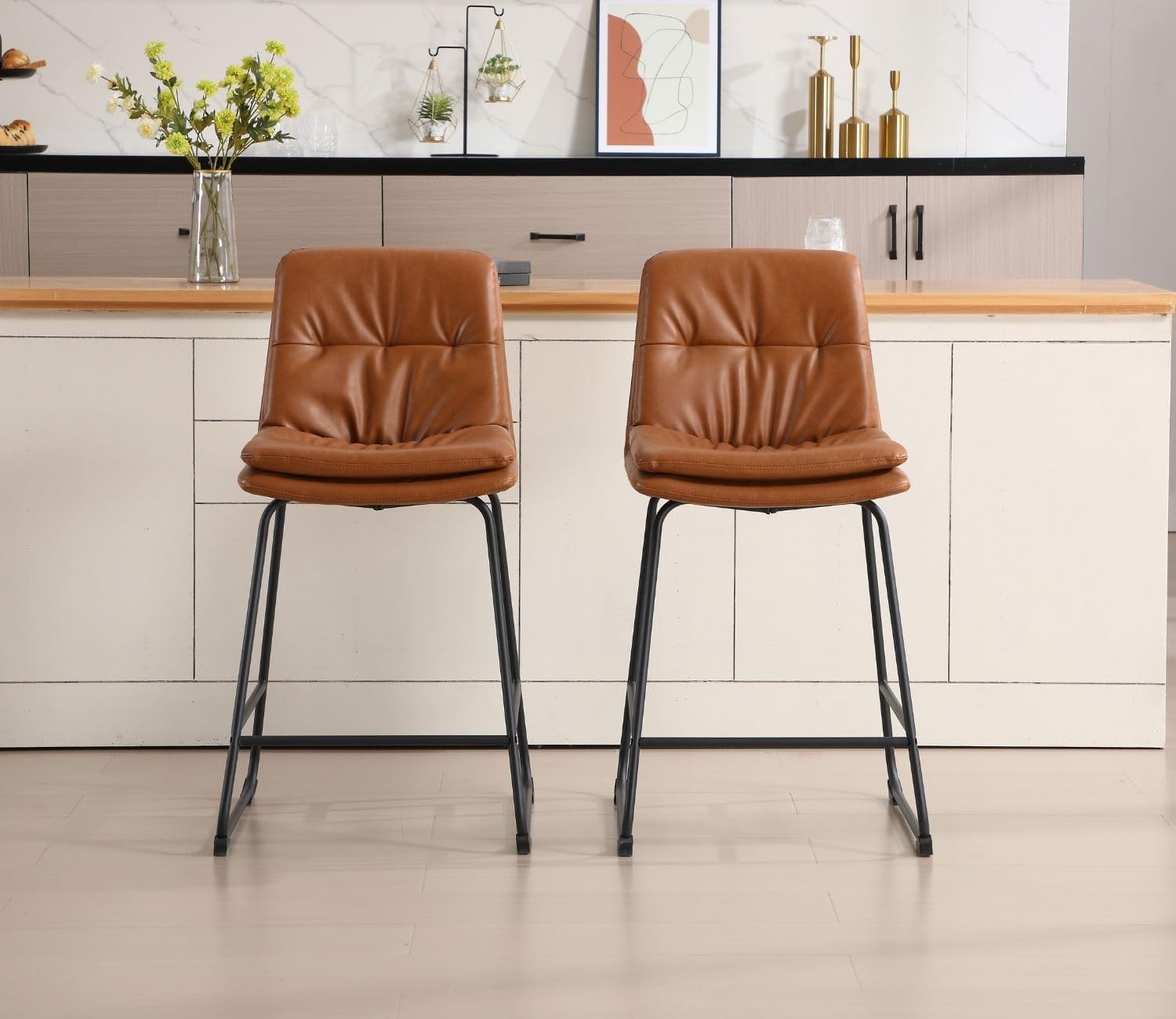 Modern Brown Bar Stools Set of 2 – PU Leather Counter Chairs