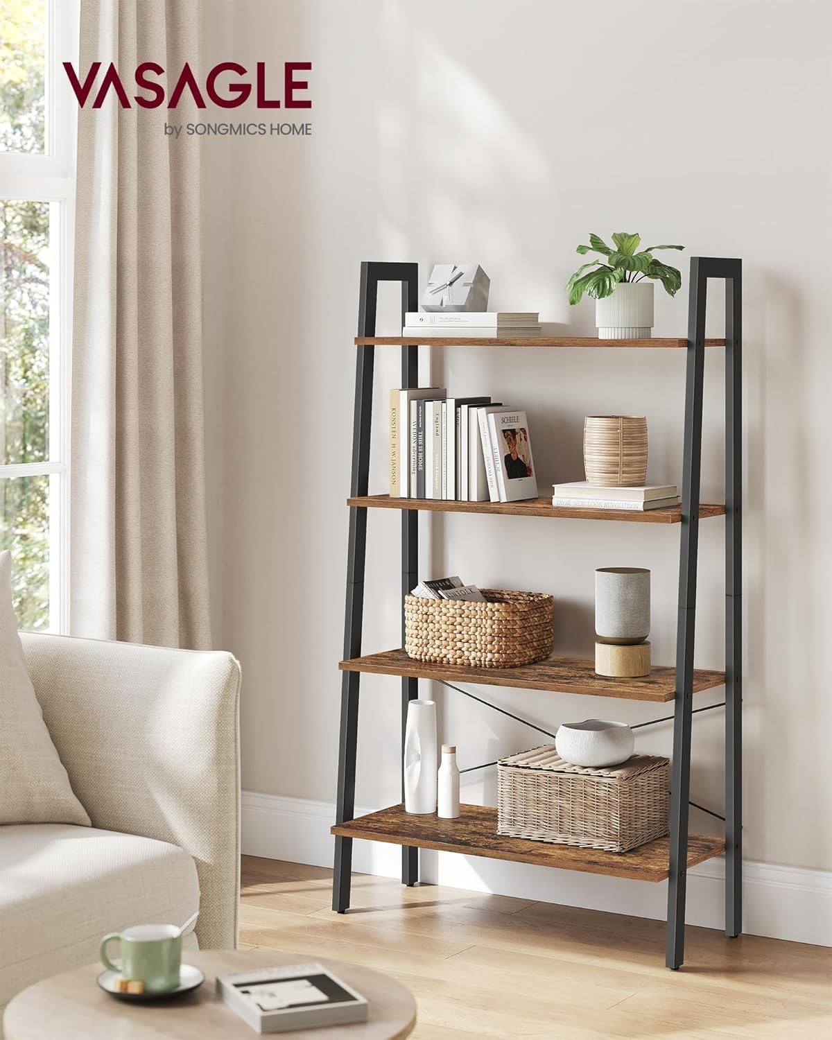 4-Tier Industrial Ladder Shelf Bookcase Storage Rack Rustic Brown 138cm