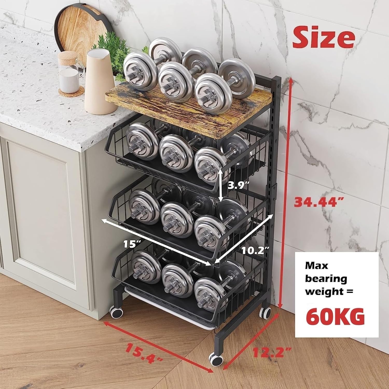 4 Tier Rolling Kitchen Trolley Vegetable Fruit Storage Cart Black