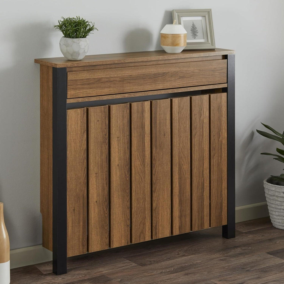 Black & Wood Radiator Cover Cabinet with Storage Drawer Modern MDF
