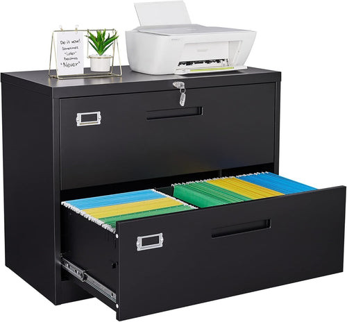 Black Steel Lateral Filing Cabinet 2 Drawer Wide Lockable File Storage