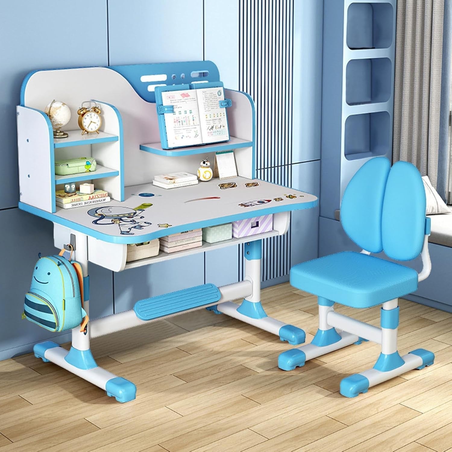 Kids Study Desk Chair Set Height Adjustable Writing Table with Bookshelf Blue