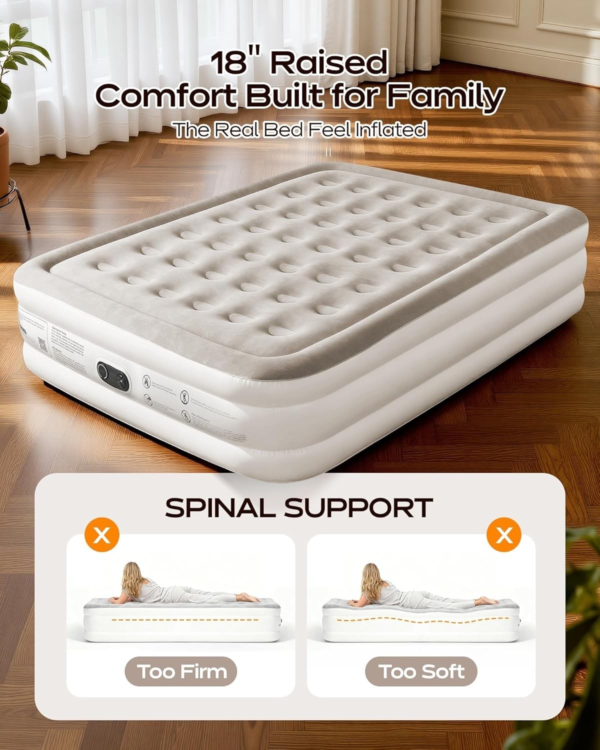 Double Air Mattress 18" Inflatable Bed with Built-In Pump, Soft Flocked Surface