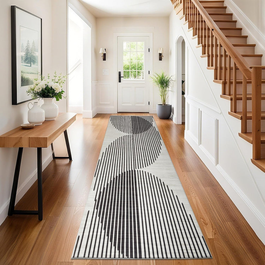 Black White Runner Rug 80x300cm Non Slip Hallway Low Pile Modern Carpet
