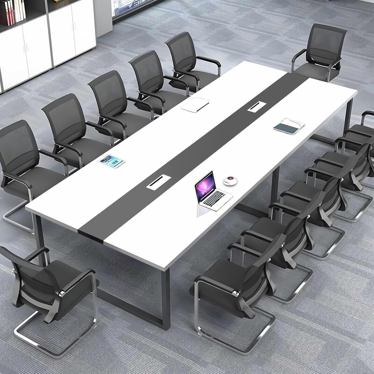 White + Black Conference Table 240cm w/ Metal Frame & Durable Office Top