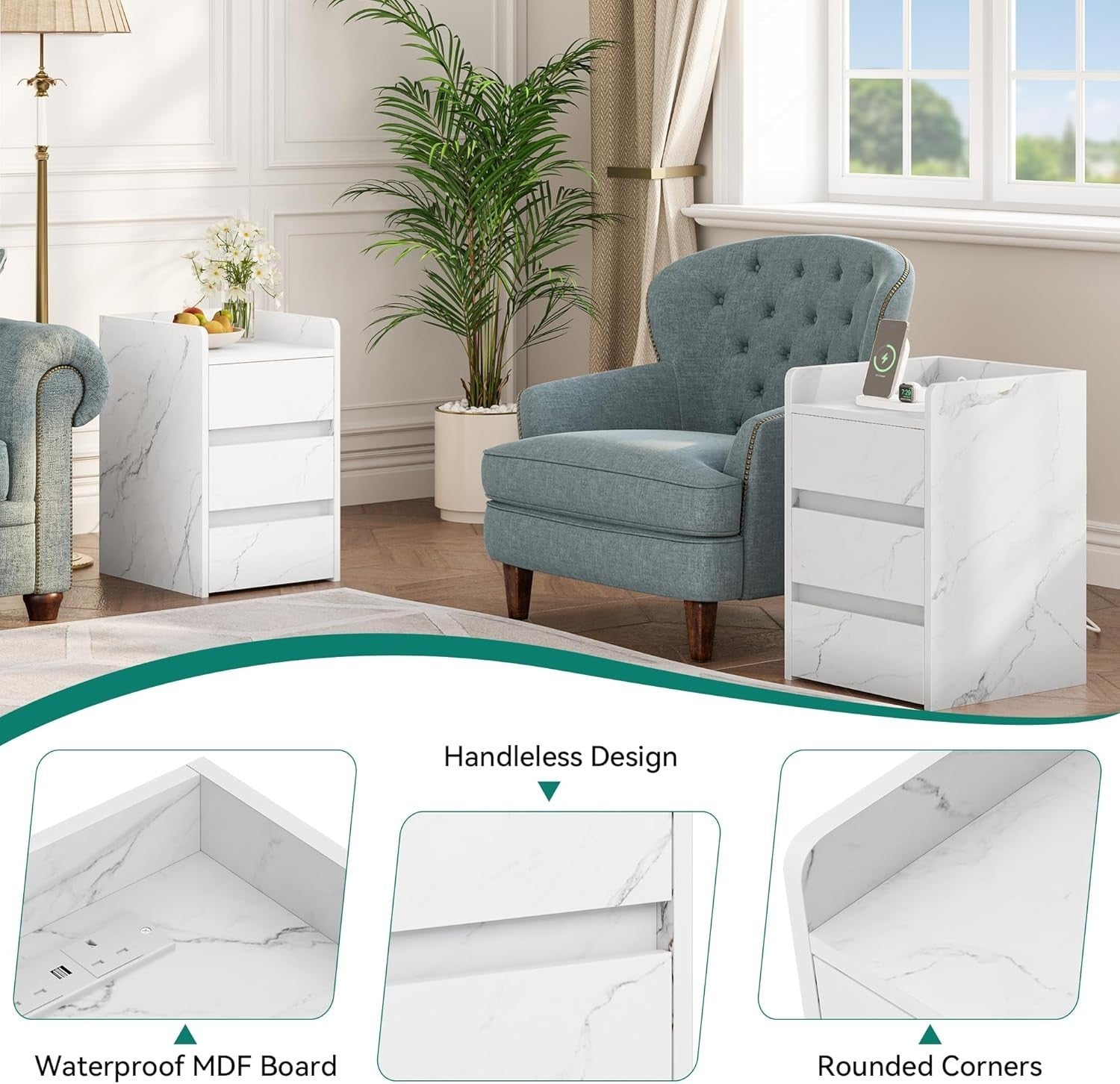 Marble White 3 Drawer Bedside Table – Modern Nightstand with USB Ports