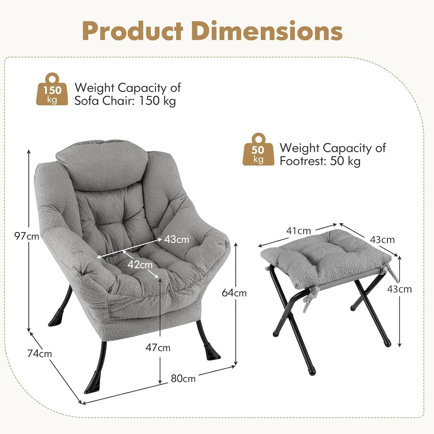 Grey Sherpa Armchair w/ Footstool Comfy Lounge Chair Sofa for Reading