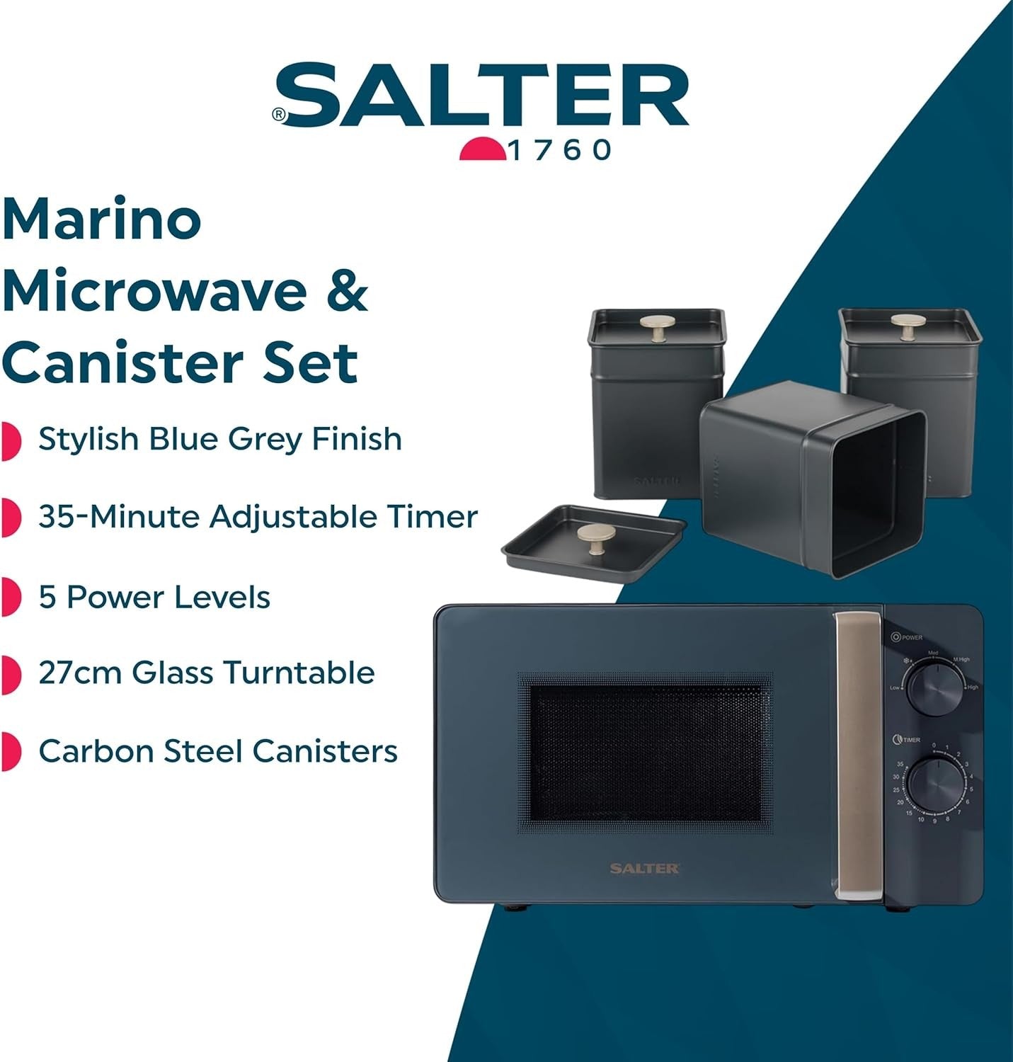 Salter 20L Microwave Oven 800W Solo Blue Grey with Canister Set