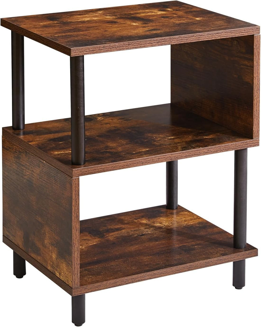 Rustic Brown 3-Tier S-Shape Side Table with Storage Shelves & Black Legs