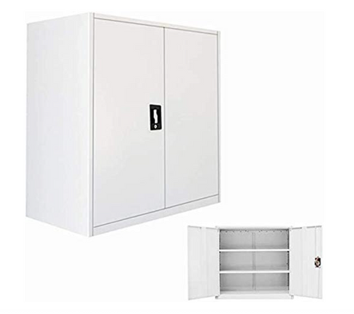 Lockable Metal Storage Cabinet 90cm Steel Office Cupboard White