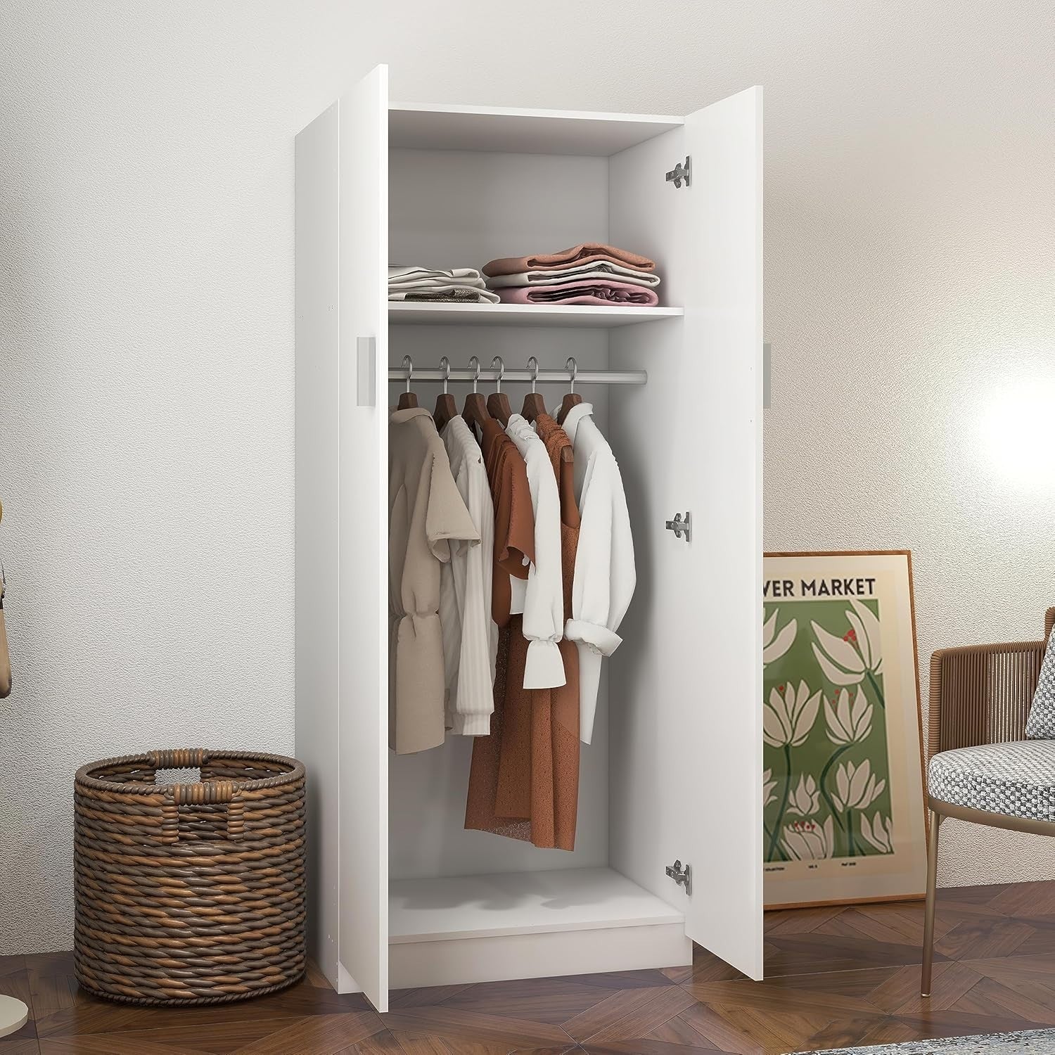 White 2 Door Wardrobe with Hanging Rail & Storage Shelf for Small Rooms