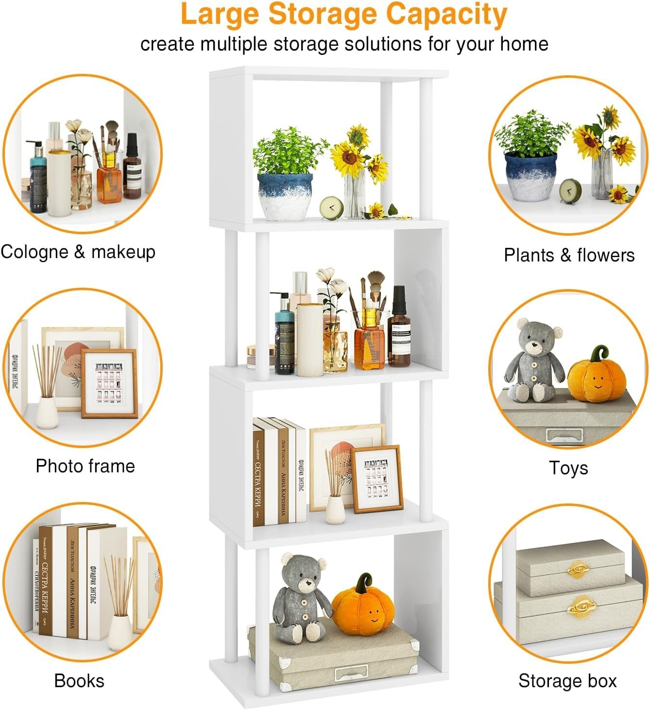 5 Tier S Shaped Bookcase White Modern Wood Display Storage Shelf 155cm