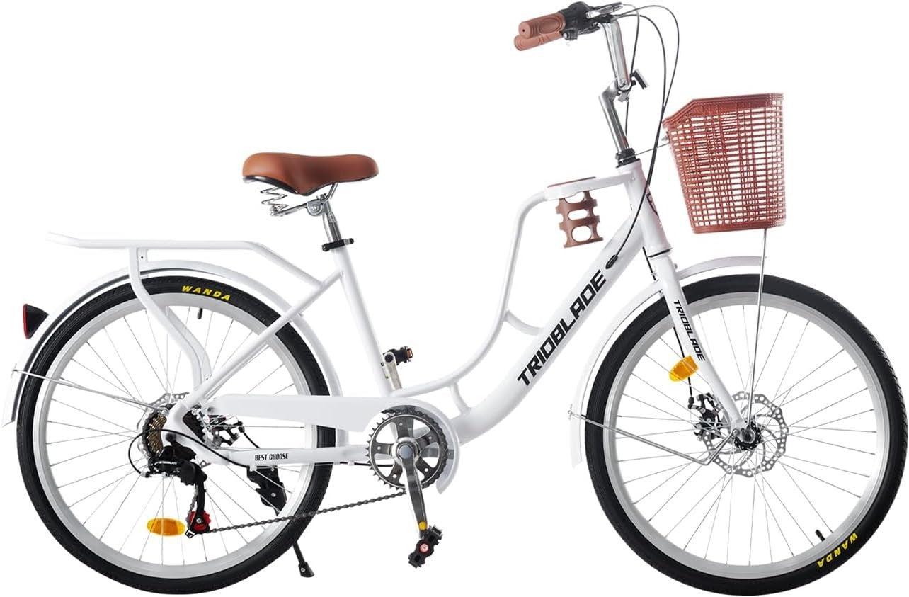 Vintage 24" City Bike with 7-Speed Gears, Dual Disc Brakes & Front Basket
