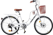 Vintage 24" City Bike with 7-Speed Gears, Dual Disc Brakes & Front Basket