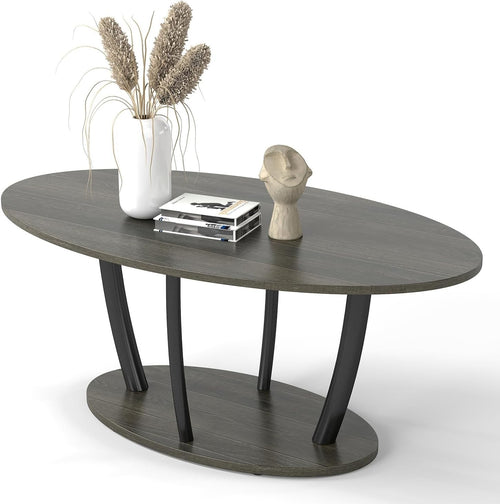 Oval 2-Tier Coffee Table with Storage Shelf, Modern Small Table 100x55cm