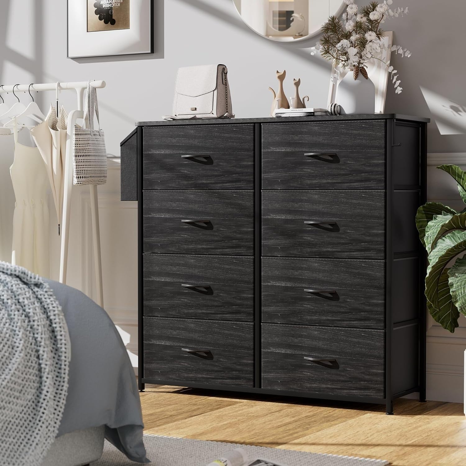 8 Drawer Black Fabric Storage Cabinet w/ Side Pocket 80x30x97cm