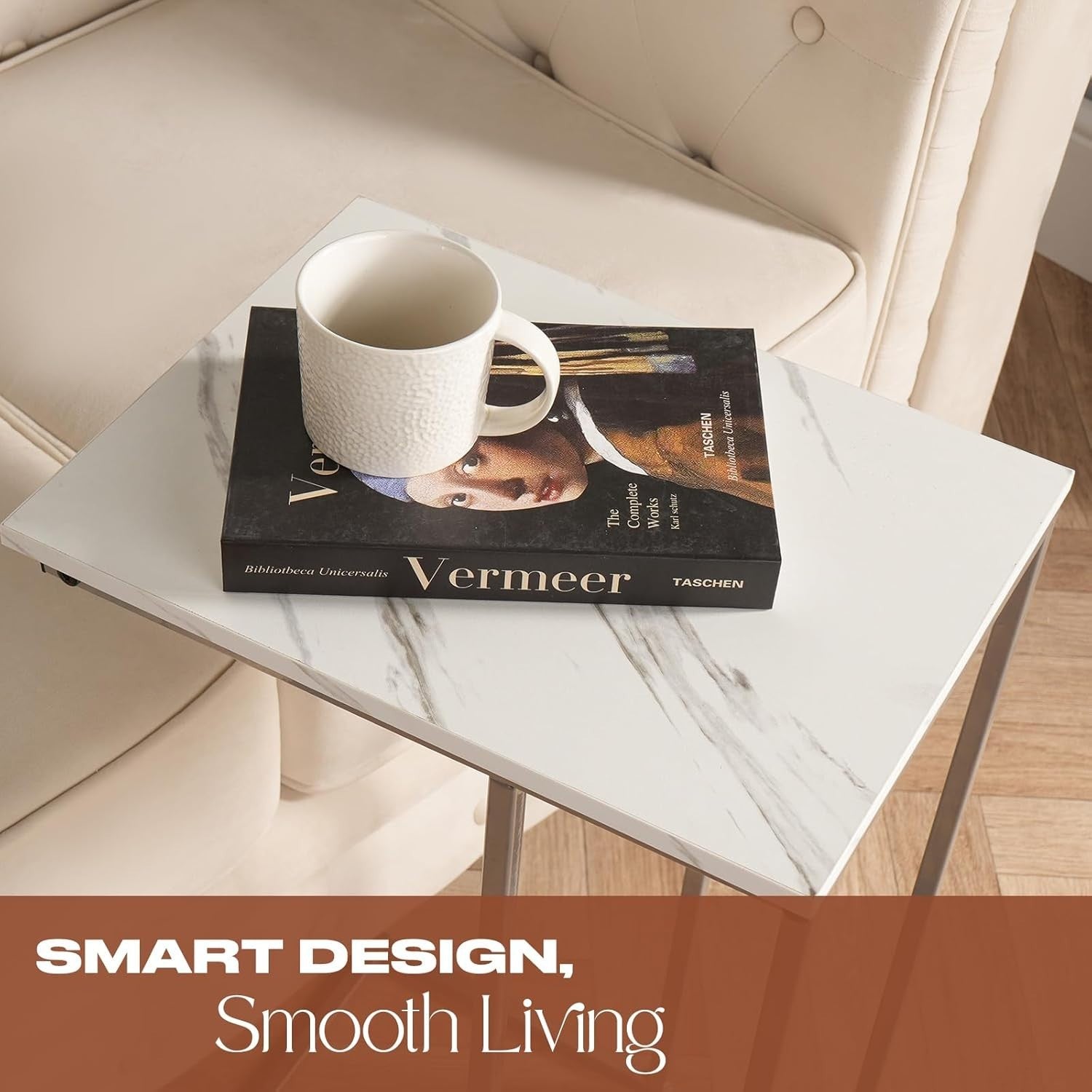 White Marble Top C-Shaped Sofa Side Table – Space-Saving Modern End Table