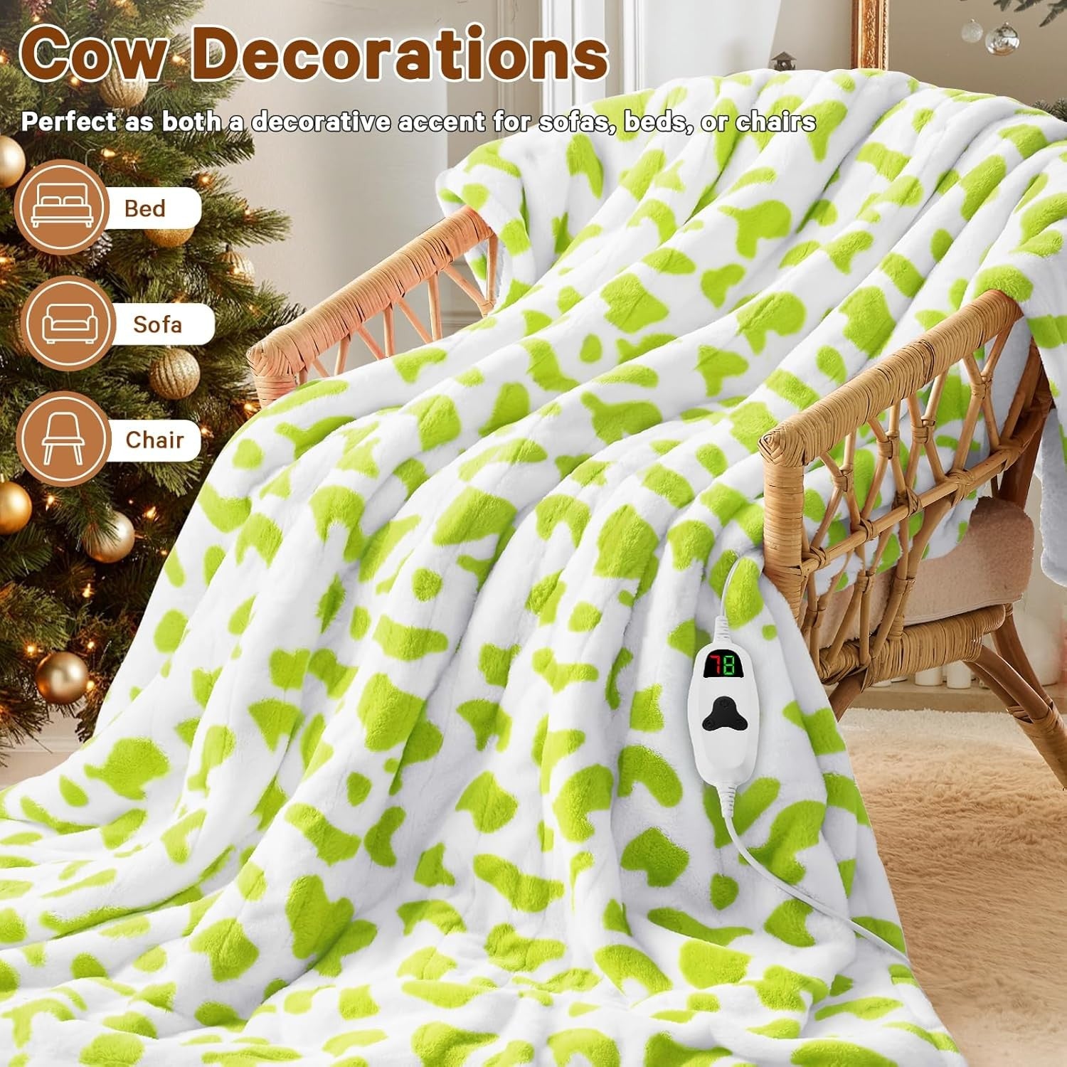Electric Heated Throw Blanket Cow Print Sherpa 10 Heat Auto Off Washable
