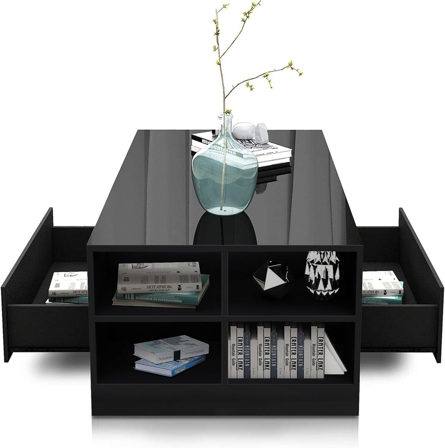 Black High Gloss Coffee Table with LED Lights, 2 Drawers & Storage 95x55x37cm