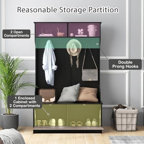 Freestanding Coat Rack with Shoe Bench & Hooks for Hallway Entryway Home