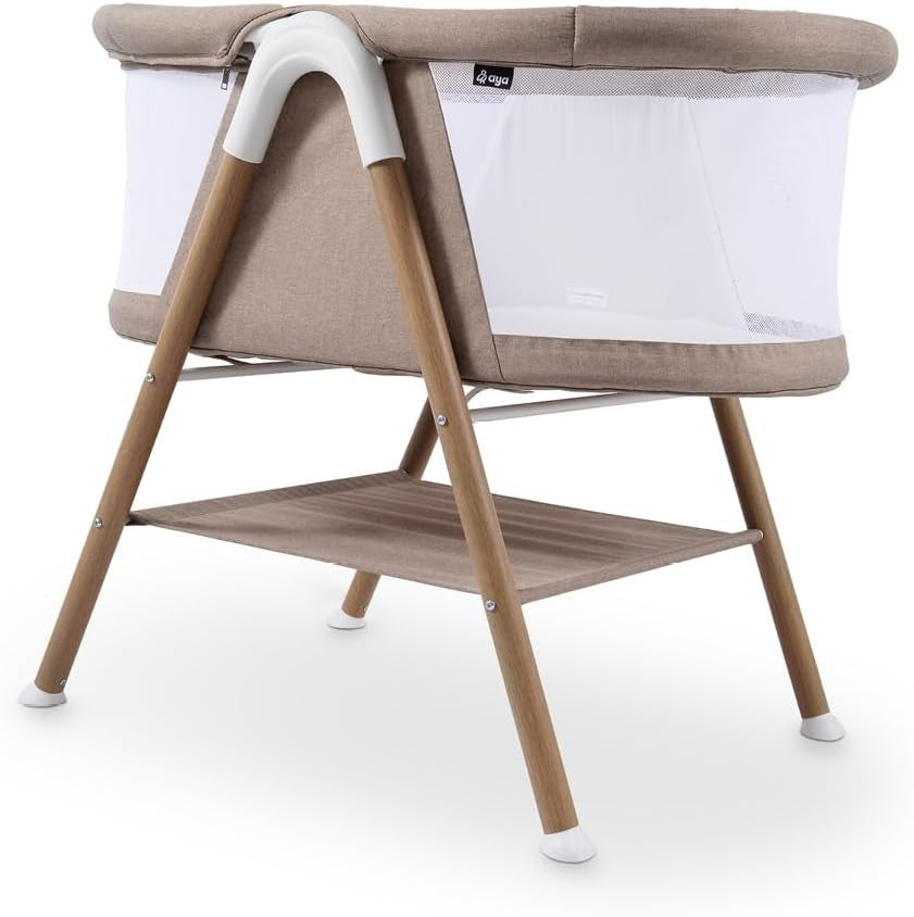 Portable Baby Crib Cot with Mesh Sides Lightweight Foldable Bed Wood Sandstone
