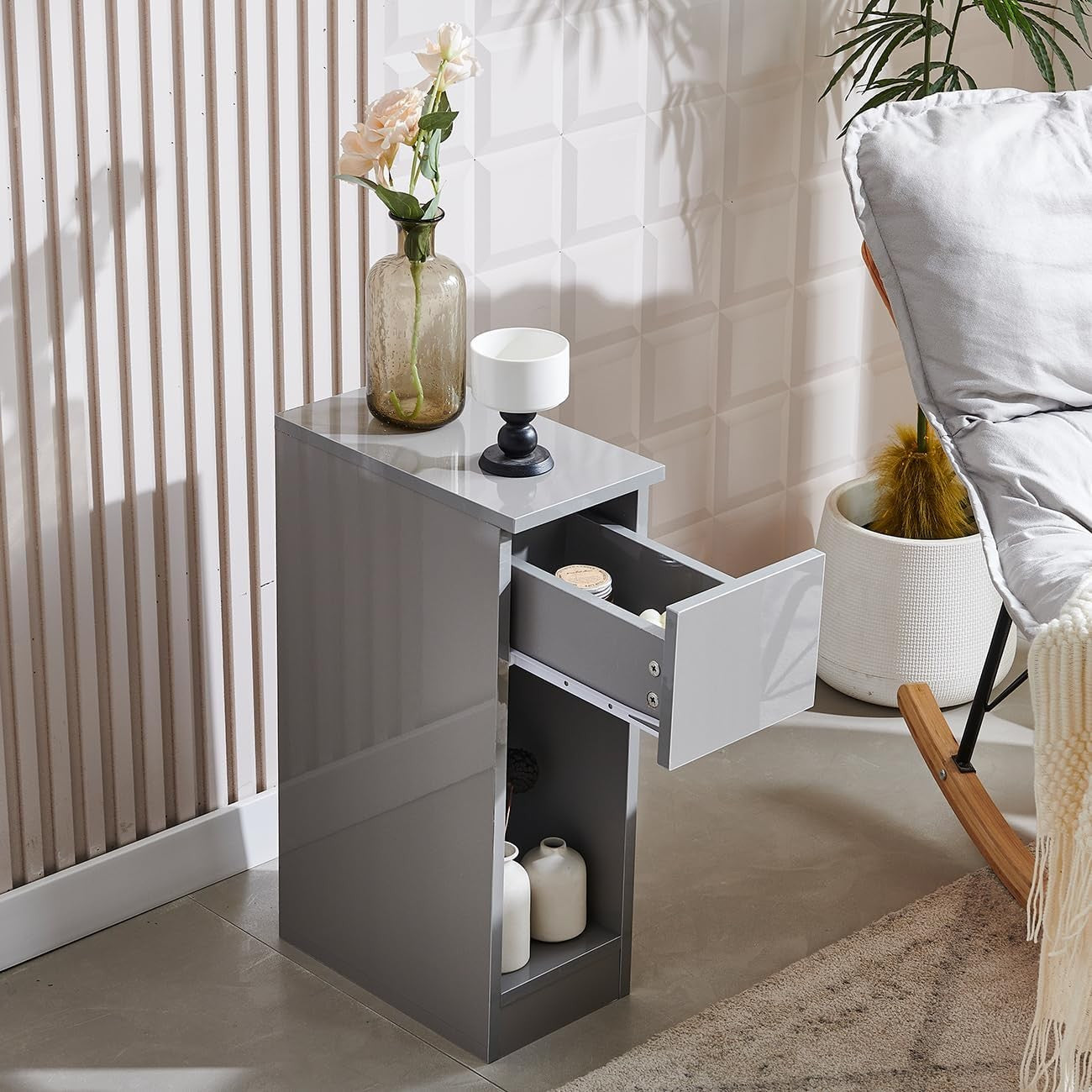 Slim Bedside Table with Drawer & Shelf – Modern Narrow Nightstand