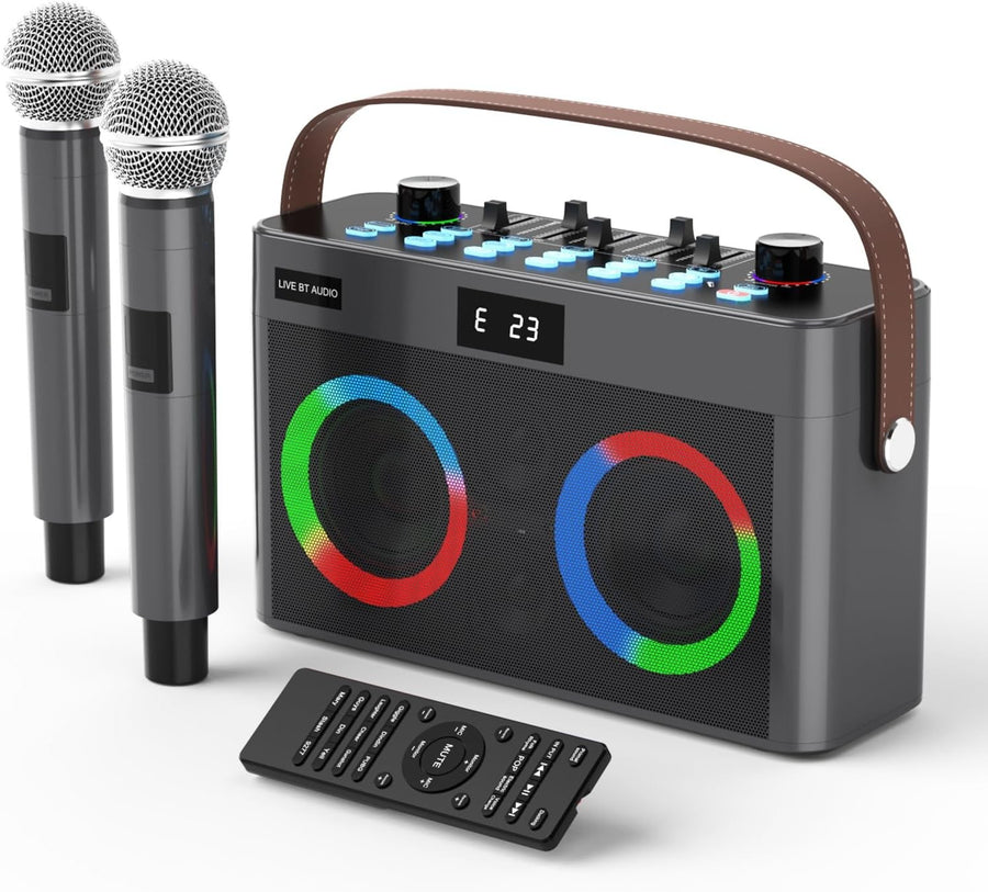 MT-VIKI Portable Bluetooth Karaoke Speaker with 2 Wireless Mics LED