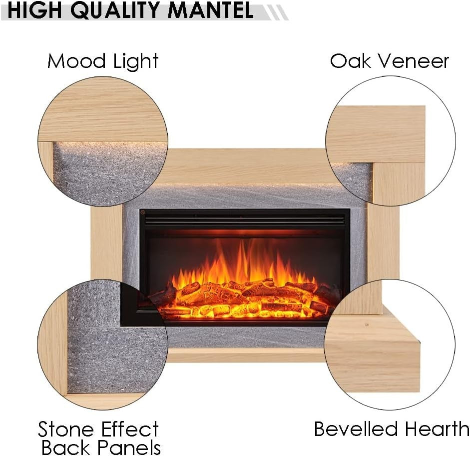 47" Electric Fireplace Heater with Realistic Flames, Oak Surround, Remote