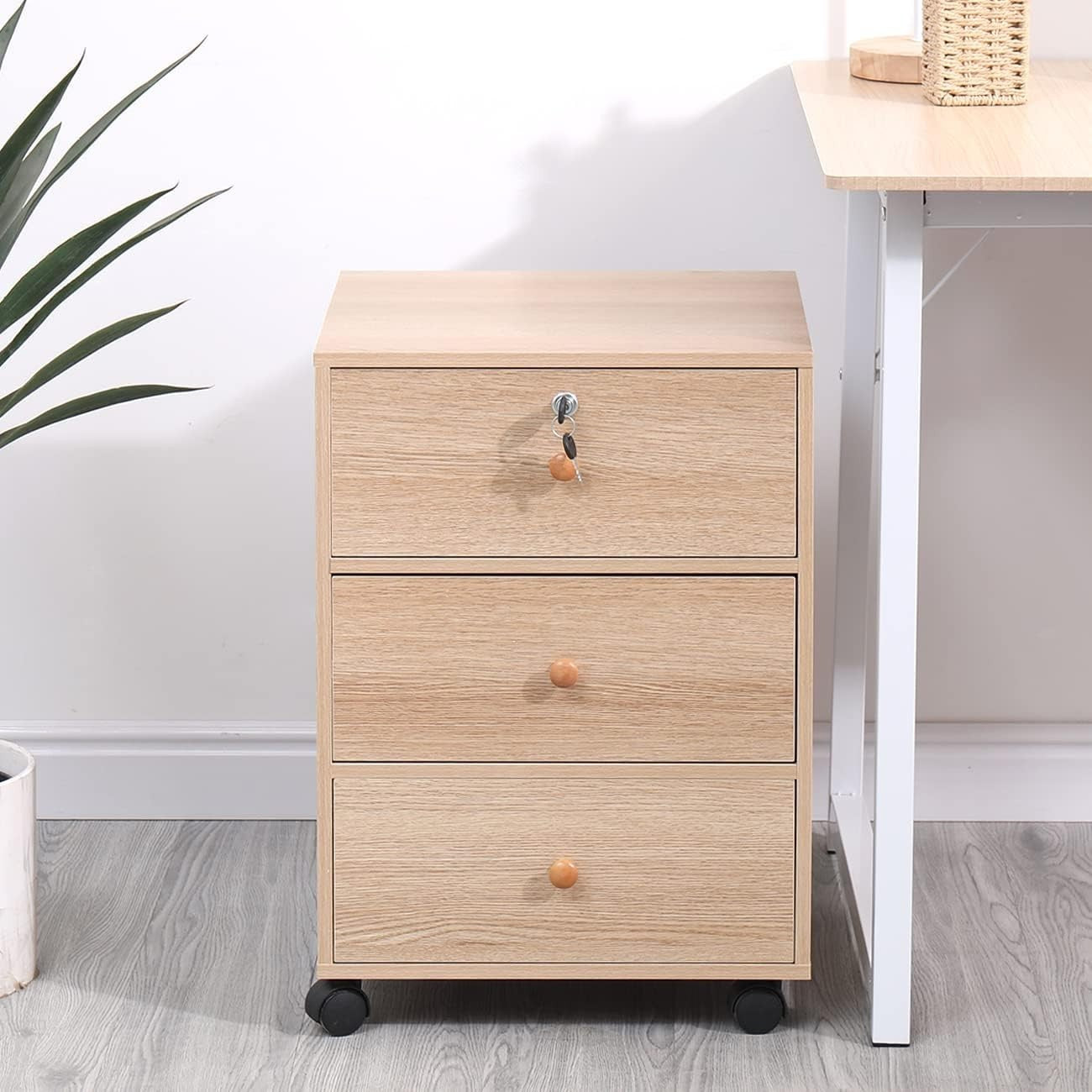 Maple Rolling 3 Drawer File Cabinet Top Lock Under Desk Storage