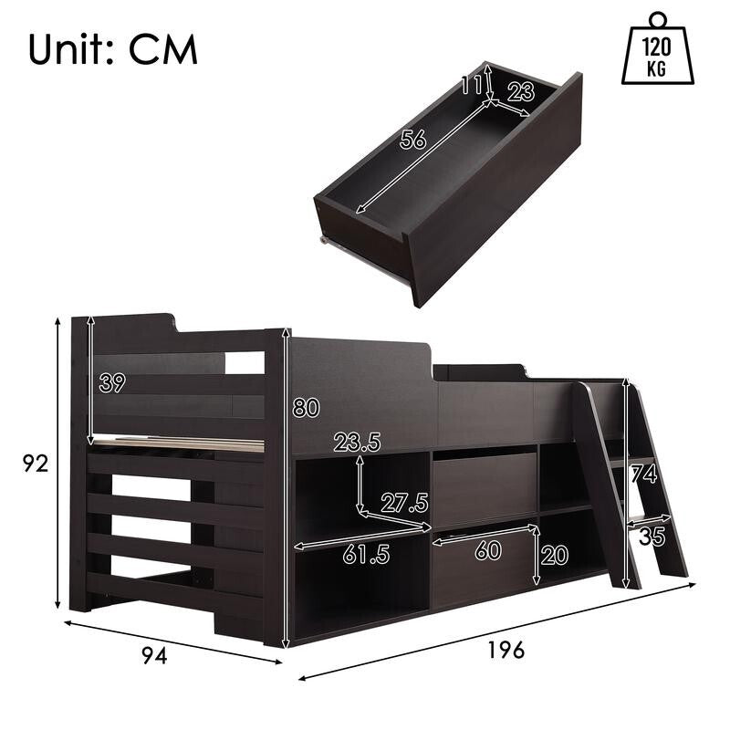 Kids Cabin Bed Mid Sleeper with Drawers Shelves Taupe 3FT Storage Wooden Frame