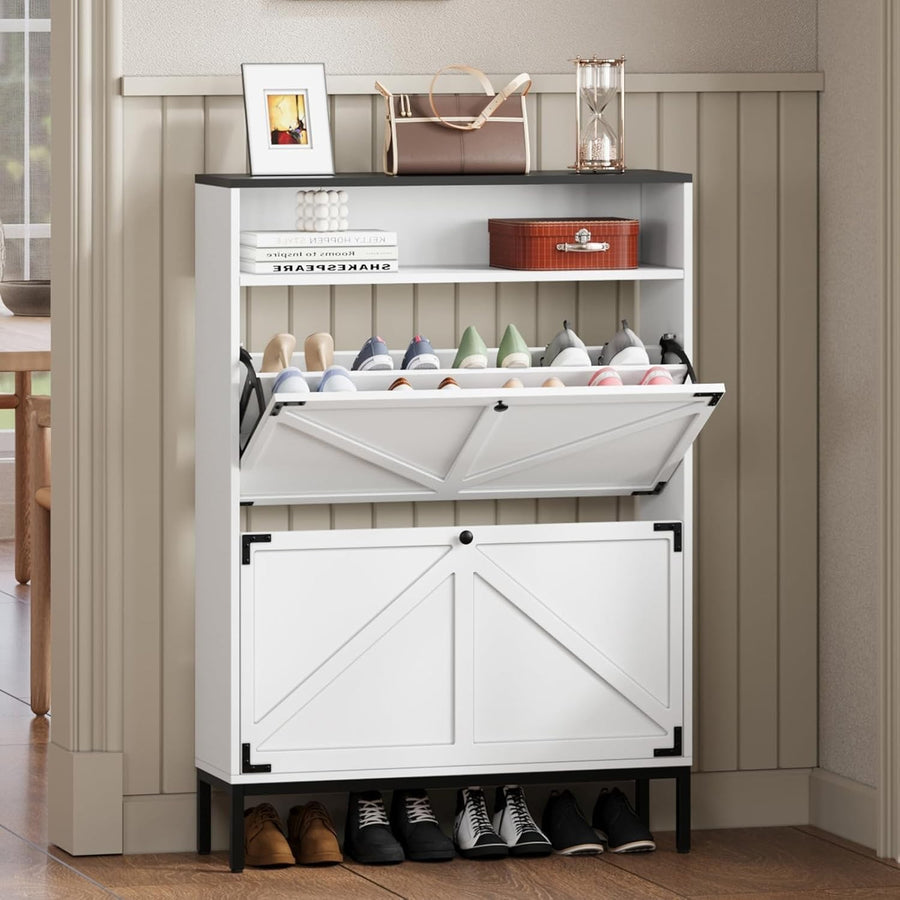 3 Tier Shoe Storage Cabinet with 2 Flip Doors & Open Shelf – 80x24x114cm