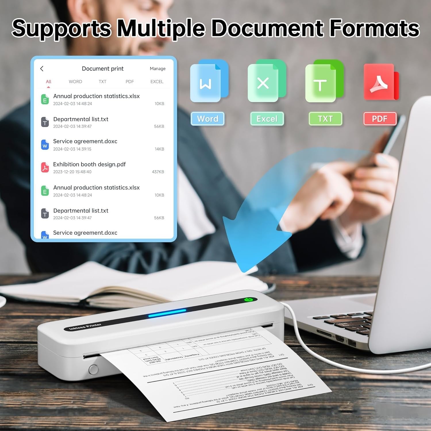 Portable A4 Thermal Printer Wireless Inkless Bluetooth USB