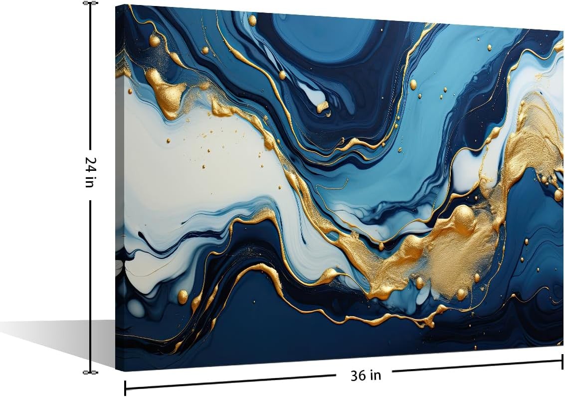 Blue Gold Marble Canvas Wall Art 90x60cm Framed