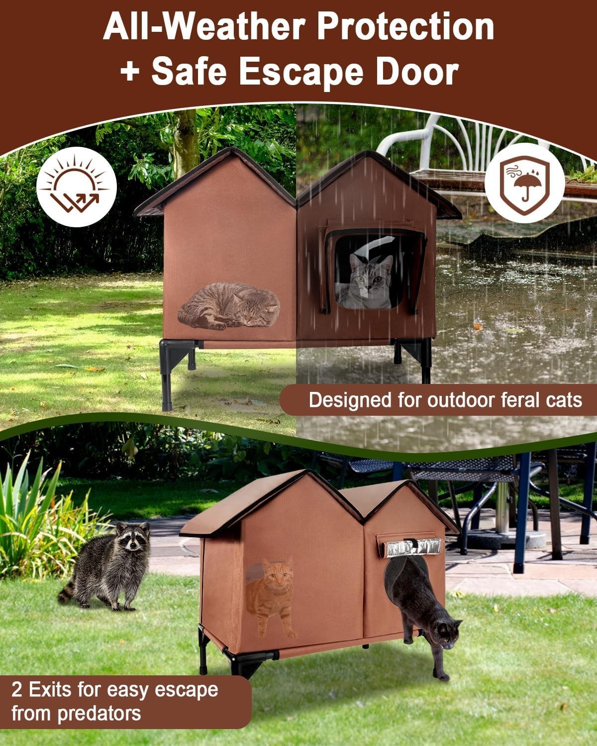 Waterproof Outdoor Cat House Large Kennel with Elevated Base & Cushion