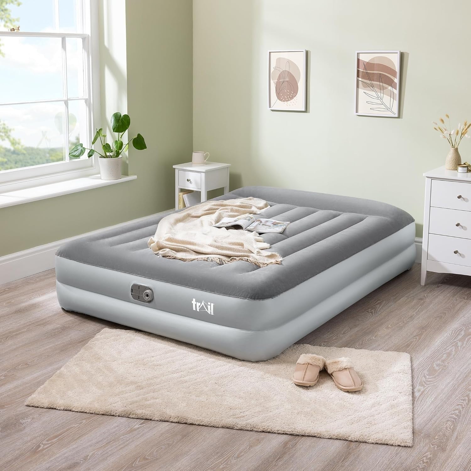 Double Air Bed with Built-In Pump & Pillow, Waterproof Flocked 2-Person Mattress