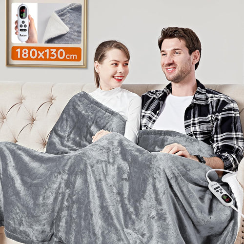 Electric Heated Throw Blanket 130x180cm Grey Sherpa 10 Heat Timer Washable