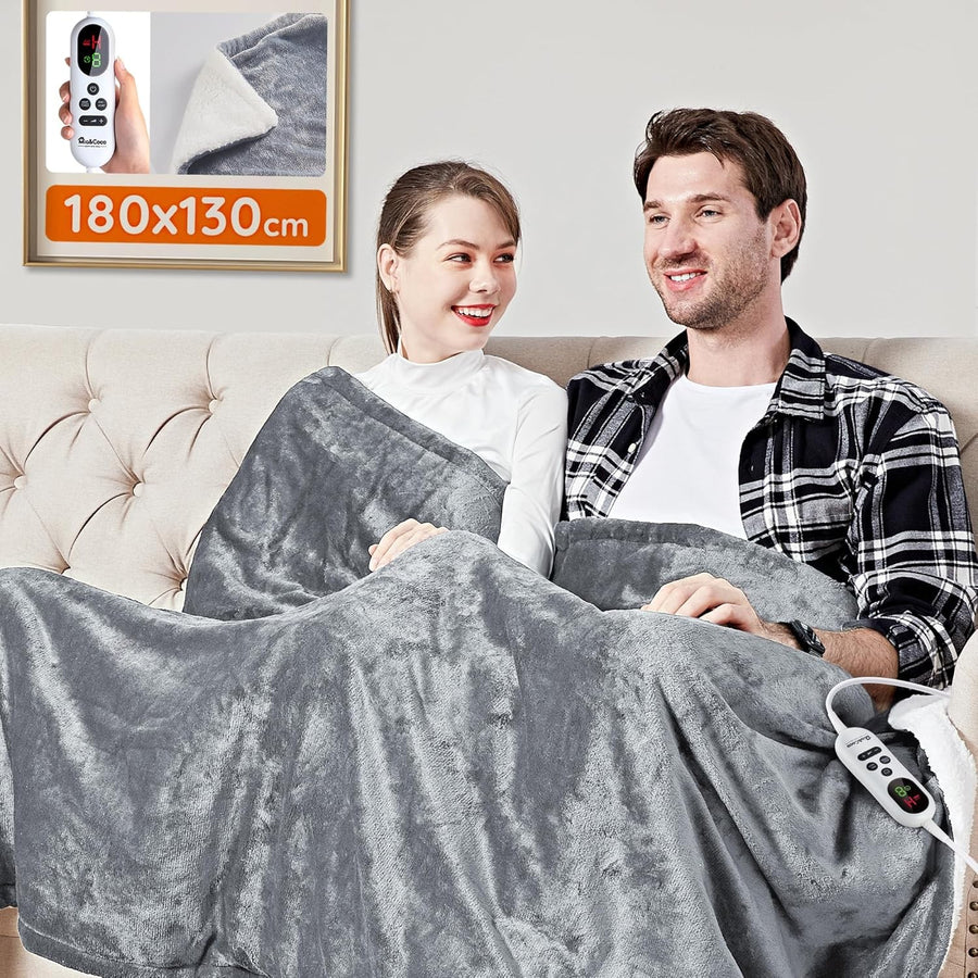 Electric Heated Throw Blanket 130x180cm Grey Sherpa 10 Heat Timer Washable