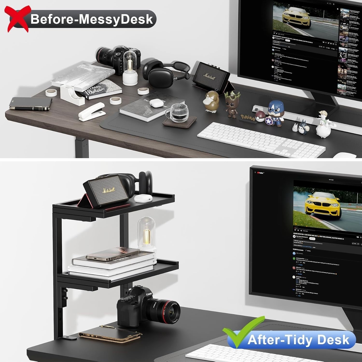 Clamp-On Desk Shelf 2-Tier Adjustable Desktop Organizer Storage Rack Black