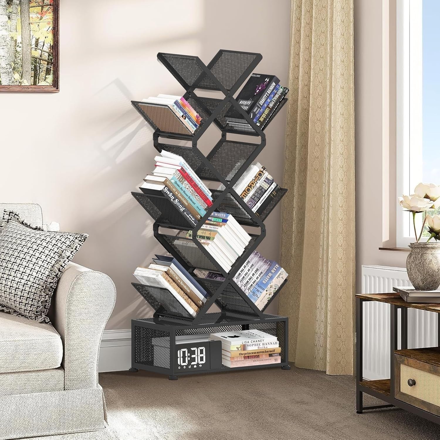 9 Tier Folding Tree Bookshelf Metal Storage Rack No Installation Black