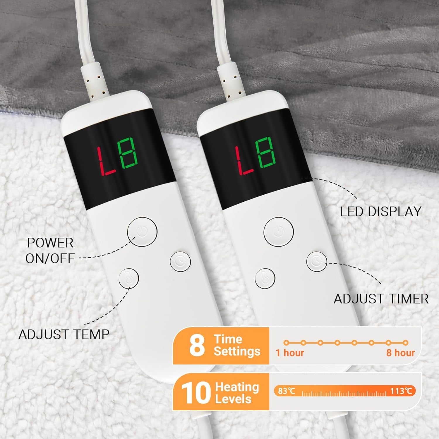 Electric Heated Blanket 130x160cm Sherpa Fleece 10 Heat Settings Timer