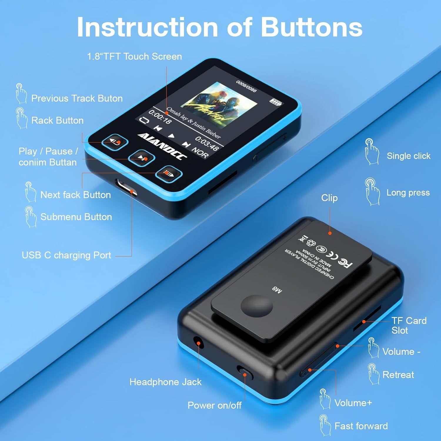 32GB MP3 Player Bluetooth Sports Clip with Armband & Earphones