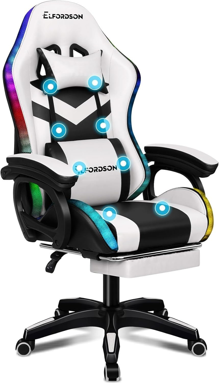 Gaming Chair RGB LED Massage Recliner PC Office Desk Swivel Footrest Pu Leather