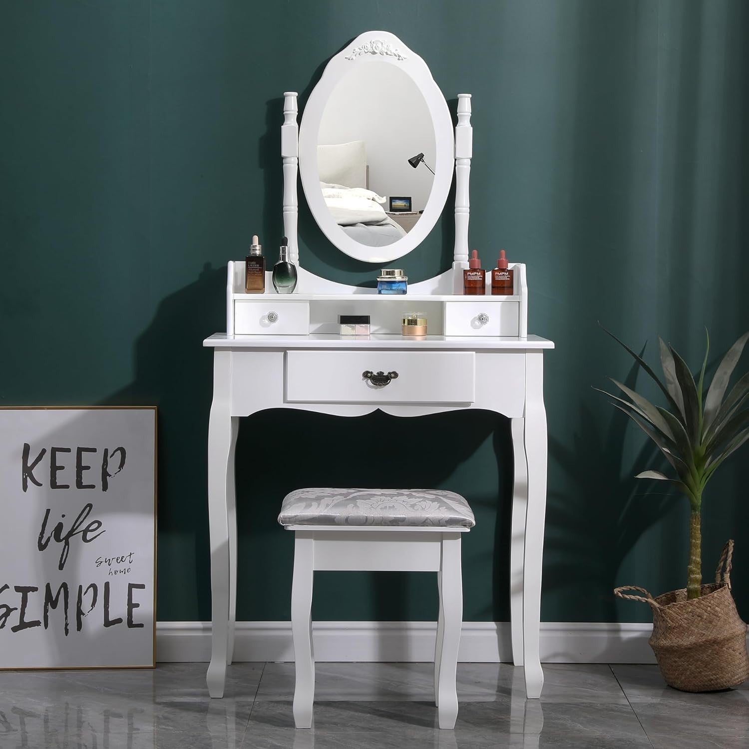 Vintage White Vanity Dressing Table Mirror Stool Set 3 Drawers Engineered Wood