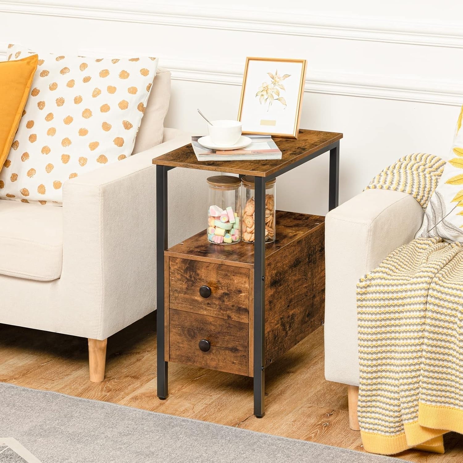 Slim Industrial Side Table with 2 Drawers & Open Shelf, Rustic Brown 30x48x61.5c