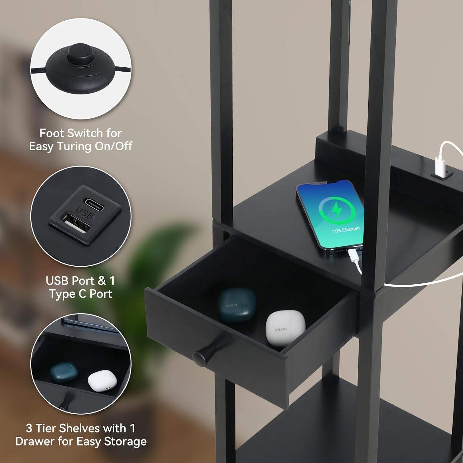 Floor Lamp with Shelves USB Charging Storage Drawer Modern Standing Light
