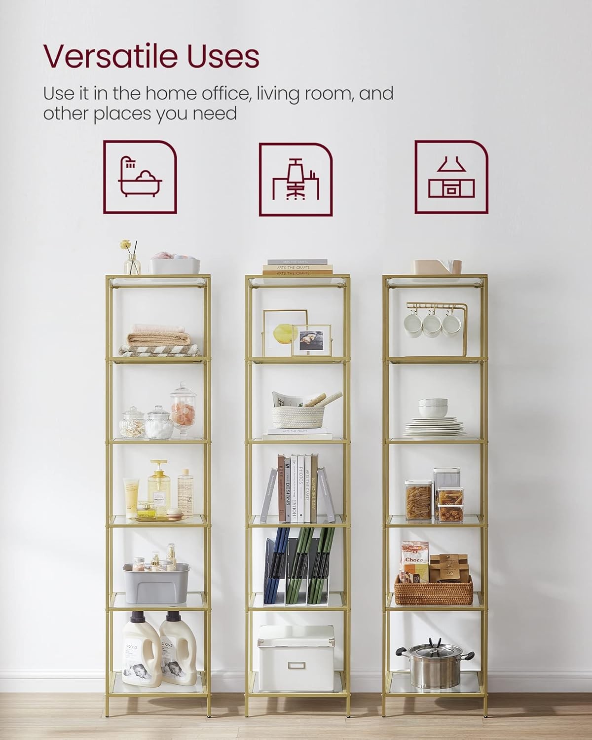 6-Tier Gold Glass Shelf Unit | Tall Luxury Display Rack for Living Room Office